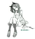  1girl animal_ears blush breasts character_request detached_sleeves ear_covers greyscale hamao highres horse_ears long_hair looking_at_viewer medium_breasts monochrome ponytail shoes simple_background sitting skirt socks umamusume white_background 