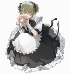  1girl alternate_costume apron black_dress blush dress enmaided frilled_apron frills green_hair heart heart_hands highres hnn_oxo idolmaster idolmaster_shiny_colors looking_at_viewer maid maid_headdress nanakusa_nichika puffy_short_sleeves puffy_sleeves short_sleeves simple_background solo two_side_up white_background wrist_cuffs 
