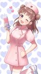  1girl ;d blush bow breasts brown_hair cowboy_shot double_bun dress hair_bow hair_bun hair_ribbon hand_on_own_hip hand_up hat heart heart_background holding holding_syringe idolmaster idolmaster_cinderella_girls idolmaster_cinderella_girls_starlight_stage large_syringe munakata_atsumi nurse nurse_cap one_eye_closed open_mouth oversized_object pink_dress purple_background red_ribbon ribbon shoes short_hair short_sleeves small_breasts smile solo standing standing_on_one_leg syringe thigh-highs toririririre violet_eyes white_thighhighs 