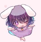  1girl ;p animal_ears aoi_brown barefoot carrot_necklace commentary_request curtsey floppy_ears grey_background heart inaba_tewi jewelry looking_at_viewer necklace one_eye_closed rabbit_ears simple_background solo tongue tongue_out touhou violet_eyes 