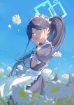  1girl absurdres alternate_costume apron aris_(blue_archive) aris_(maid)_(blue_archive) black_dress blue_archive blue_eyes blue_sky blurry blurry_foreground blush clear_sky dress enmaided field flower flower_field forehead frilled_apron frills from_side halo hands_on_own_cheeks hands_on_own_face highres long_hair looking_at_viewer maid maid_headdress nekoyun93 official_alternate_costume open_mouth outdoors parted_bangs side_ponytail sky smile upper_body very_long_hair white_apron wrist_cuffs 