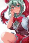  1girl bow breasts closed_mouth commentary_request cross-laced_clothes frills front_ponytail green_eyes green_hair guchadoro hair_bow hair_ribbon highres kagiyama_hina large_breasts long_hair looking_at_viewer red_bow red_ribbon ribbon simple_background smile solo touhou white_background 