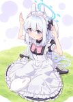  1girl :o alternate_costume animal apron arms_up black_bow black_dress black_footwear blue_archive bow commentary_request dress enmaided frilled_apron frilled_dress frills grey_hair hair_between_eyes hair_bow halo harada_(sansei_rain) headgear headset highres long_hair looking_at_viewer maid maid_apron maid_headdress miyako_(blue_archive) on_grass parted_lips puffy_short_sleeves puffy_sleeves rabbit rabbit_pose sailor_collar shoes short_sleeves solo very_long_hair violet_eyes white_apron white_sailor_collar 