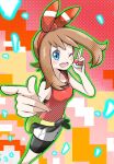  1girl ;d black_shorts blue_eyes blush bow brown_hair emapippi fanny_pack hair_bow holding holding_poke_ball looking_at_viewer may_(pokemon) one_eye_closed open_mouth pointing poke_ball pokemon pokemon_(game) pokemon_oras red_bow red_shirt shirt shorts shorts_under_shorts sleeveless sleeveless_shirt smile solo teeth upper_teeth_only white_shorts 
