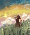  1girl absurdres black_cape black_headwear blue_sky brown_hair cape clouds cloudy_sky commentary dutch_angle facing_away from_behind full_body gradient_sky grass hand_on_headwear hand_up hat highres holding holding_staff kono_subarashii_sekai_ni_shukufuku_wo! megumin naaga_(pontania123) outdoors pink_sky scenery sky solo staff standing sunset tall_grass wind witch_hat yellow_sky 