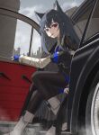  1girl animal_ears arknights black_hair black_pantyhose black_vest blue_gloves blue_necktie blue_shorts car fingerless_gloves food food_in_mouth gloves long_hair long_sleeves looking_at_viewer motor_vehicle mouth_hold necktie official_alternate_costume outdoors pantyhose pocky shironekoban shirt short_shorts shorts solo texas_(arknights) texas_the_omertosa_(arknights) vest white_shirt wolf_ears wolf_girl 