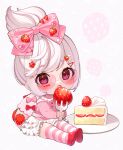  1girl bow cake cake_slice chibi chitetan commentary_request eating food food-themed_hair_ornament fork frilled_skirt frills fruit full_body grey_background hair_bow hair_ornament hairclip heart heart-shaped_eyewear holding holding_fork looking_at_viewer original pink-tinted_eyewear pink_bow pink_shirt plate red_footwear shirt shoe_soles shoes simple_background sitting skirt solo strawberry strawberry_hair_ornament striped striped_thighhighs thigh-highs tinted_eyewear violet_eyes white_hair white_skirt 