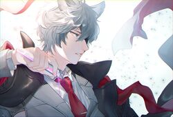  1boy animal_ears black_coat coat coat_on_shoulders collared_shirt dust erune eyepatch granblue_fantasy grey_eyes grey_hair grey_jacket hair_between_eyes hand_up holding holding_test_tube jacket lapels looking_ahead male_focus necktie nehan_(granblue_fantasy) notched_lapels pakkuncho potion red_necktie shirt short_hair solo stole test_tube tie_clip upper_body white_background white_shirt wolf_boy wolf_ears 