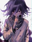  1boy buttons closed_mouth danganronpa_(series) danganronpa_v3:_killing_harmony double-breasted hair_between_eyes hand_up highres index_finger_raised jacket long_sleeves looking_at_viewer male_focus medium_hair multicolored_background multicolored_hair oma_kokichi smile solo translation_request two-tone_hair urami0310 violet_eyes white_background 