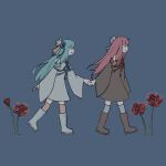  2girls black_eyes black_footwear blue_background blue_hair blue_ribbon blue_thighhighs blunt_bangs boots closed_mouth commentary_request detached_sleeves dress floating_hair flower flower_knot from_side full_body grey_dress grey_footwear hair_ribbon holding_hands knee_boots kotonoha_akane kotonoha_aoi long_hair looking_at_another multiple_girls open_mouth pink_hair pink_thighhighs profile red_ribbon ribbon sano_(chappy) siblings sisters smile spider_lily thigh-highs voiceroid walking wide_sleeves 