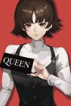  1girl braid brown_hair card closed_mouth collarbone crown_braid english_text eroka404 hand_up highres holding holding_card long_sleeves looking_at_viewer niijima_makoto persona persona_5 red_background red_eyes shirt short_hair simple_background solo turtleneck upper_body white_shirt 