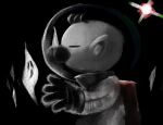  1boy absurdres big_nose closed_eyes dark_background from_side ghost gloves greyscale helmet highres iat-418 monochrome olimar outstretched_hand pikmin pikmin_(series) pointy_ears radio_antenna red_bag reflective_visor space_helmet spacesuit spot_color 