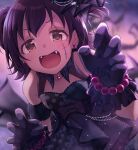  akagi_miria ayami_(ayanoayanosuke) bare_shoulders black_dress black_gloves black_hair blurry blurry_background brown_eyes claw_pose commentary_request dress earrings fangs gloves idolmaster idolmaster_cinderella_girls idolmaster_cinderella_girls_starlight_stage jewelry looking_at_viewer open_mouth scar scar_on_face short_hair the_villain&#039;s_night two_side_up 