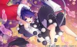  1girl black_dress blue_eyes book doremy_sweet dress falling frilled_socks frills hat holding holding_clothes holding_hat night night_sky nightcap official_art open_mouth pom_pom_(clothes) red_headwear short_hair sky socks star_(sky) starry_background starry_sky sweatdrop tail takamiya_ren tapir_tail touhou touhou_cannonball two-tone_dress very_short_hair white_dress white_socks 