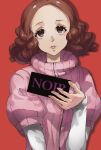  1girl brown_eyes brown_hair card curly_hair english_text eroka404 forehead hand_up highres holding holding_card lips long_sleeves looking_at_viewer okumura_haru parted_lips persona persona_5 pink_sweater red_background shirt simple_background solo sweater turtleneck turtleneck_sweater upper_body 