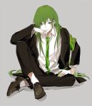  1boy black_jacket black_pants brown_eyes brown_footwear closed_mouth collared_shirt green_armband green_hair green_nails green_necktie grey_background hand_up highres jacket kitakawayui knee_up lobotomy_corporation long_hair male_focus necktie netzach_(project_moon) pants project_moon shirt shoes simple_background sitting smile solo very_long_hair white_shirt wing_collar 