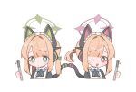  2girls ;d absurdres animal_ear_headphones animal_ears apron black_dress blonde_hair blue_archive blush bow closed_mouth cropped_torso disembodied_limb dress fake_animal_ears green_bow green_eyes hair_bow hair_intakes halo headphones highres holding low_twintails maid maid_headdress midori_(blue_archive) midori_(maid)_(blue_archive) momoi_(blue_archive) momoi_(maid)_(blue_archive) multiple_girls one_eye_closed red_bow red_eyes short_twintails sidelocks simple_background smile tail twintails upper_body urakichi55 white_apron white_background 