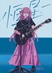  1girl black_dress blue_eyes boots dress gradient_background guitar hair_ornament highres hitori_bocchi holding holding_instrument instrument long_hair looking_at_viewer microphone_stand music open_mouth pink_dress pink_hair roah_(user_pgea4834) singing solo 