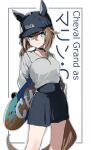 1girl absurdres animal_ears black_skirt boc&#039;z_(umamusume) breasts brown_hair character_name cheval_grand_(umamusume) choker closed_mouth feet_out_of_frame green_eyes grey_shirt hat highres holding holding_skateboard horse_ears horse_girl horse_tail iris_league long_sleeves looking_at_viewer medium_hair miniskirt multicolored_hair shirt shirt_tucked_in skateboard skirt small_breasts smile solo standing streaked_hair tail tomboy umamusume white_background