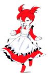  1girl :d arc_the_lad choko_(arc_the_lad) closed_eyes dress full_body happy monochrome ooo open_mouth red_dress redhead short_hair short_twintails simple_background smile solo spot_color twintails white_background 