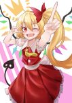  1girl ;d absurdres ailu_elf blonde_hair bow chinese_commentary commentary_request crown crystal flandre_scarlet hair_bow highres index_finger_raised laevatein_(tail) long_hair looking_at_viewer one_eye_closed red_bow red_eyes red_skirt red_vest skirt smile solo tail touhou v vest white_headwear wings 