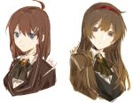  2girls ahoge black_vest blue_eyes bow bowtie brown_coat brown_eyes brown_hair character_name coat collared_shirt green_bow green_bowtie hair_ornament hairband hairclip hod_(project_moon) kitakawayui library_of_ruina long_hair long_sleeves looking_at_viewer malkuth_(project_moon) multiple_girls project_moon red_hairband shirt simple_background upper_body vest white_background 