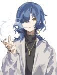  1girl absurdres aged_up blue_hair bocchi_the_rock! cigarette earrings eyes_visible_through_hair hair_tie highres holding holding_cigarette jacket jewelry long_hair mole mole_under_eye necklace smoking tanakamary0011 white_jacket yamada_ryou yellow_eyes 