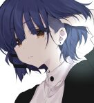  1girl blue_hair bocchi_the_rock! earrings eyes_visible_through_hair hair_tie highres holding holding_hair jewelry looking_at_viewer mole mole_under_eye short_hair unizuma_eleven yamada_ryou yellow_eyes 