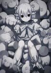  1other bags_under_eyes black_eyes blurry bow bowtie capelet depth_of_field expressionless feet_out_of_frame film_grain frilled_capelet frilled_shirt_collar frills hair_bow hair_rings hand_rest highres knees_up kumashiro_botan_(ninomae) looking_at_viewer multiple_hair_bows ninomae_(nnme_618) original pale_skin shirt short_hair sitting straight-on stuffed_animal stuffed_toy symbol-shaped_pupils teddy_bear white_bow white_bowtie white_hair white_shirt white_theme x-shaped_pupils 