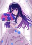  1girl bare_shoulders blue_flower blue_rose blush bouquet bow breasts bridal_veil bride closed_mouth collarbone curtains dress flower hair_between_eyes hair_flower hair_ornament hands_up highres holding holding_bouquet hoshino_ai_(oshi_no_ko) indoors leaf long_hair looking_at_viewer medium_breasts multicolored_hair murabitot oshi_no_ko petals pink_flower pink_hair pink_rose purple_bow purple_hair rose sleeveless sleeveless_dress smile solo standing star-shaped_pupils star_(symbol) star_hair_ornament star_print strapless strapless_dress symbol-shaped_pupils tiara two-tone_hair veil wedding_dress white_dress window 