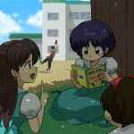  1boy 3girls baseball_mitt blue_hair blush book dress fuurinkan_high_school_uniform grass multiple_girls open_mouth ranma_1/2 reading saotome_ranma sayuri_(ranma_1/2) school_uniform short_hair tendou_akane wanta_(futoshi) yuka_(ranma_1/2) 