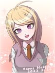  1girl :d ahoge akamatsu_kaede arms_at_sides blonde_hair breasts brown_necktie collared_shirt danganronpa_(series) danganronpa_v3:_killing_harmony dated hair_ornament happy_birthday highres large_breasts long_hair multicolored_background musical_note musical_note_hair_ornament necktie pink_eyes pink_vest shirt smile solo suiren_yurei teeth upper_body upper_teeth_only vest white_shirt 