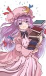  1girl blue_bow blue_ribbon blush book book_stack bow bowtie breasts capelet commentary crescent crescent_hat_ornament dress dropping flying_sweatdrops hair_bow hat hat_ornament hat_ribbon highres holding holding_book large_breasts long_hair mob_cap namiki_(remiter00) open_mouth patchouli_knowledge purple_bow purple_bowtie purple_hair red_bow red_ribbon ribbon robe simple_background solo striped striped_dress touhou very_long_hair violet_eyes white_background wide_sleeves 