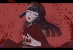  1girl black_hair blood blood_splatter blue_eyes blunt_bangs blunt_ends blurry blurry_foreground bow chakai_sakako commentary_request floating_hair floral_print from_side hair_bow half-closed_eyes hand_up highres hime_cut ichimatsu_suzuka indie_virtual_youtuber japanese_clothes kimono letterboxed long_sleeves looking_at_viewer looking_to_the_side obi obijime open_mouth outside_border print_kimono red_background red_bow red_kimono red_nails sash sidelocks simple_background smile solo upper_body virtual_youtuber wide_sleeves 