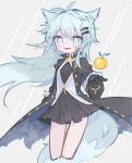  animal_ears arknights black_dress black_gloves black_jacket blue_eyes blue_hair buttons commentary_request cropped_legs cross dress fang food fruit fur-trimmed_sleeves fur_trim gloves grey_background hair_between_eyes hair_ornament hairclip highres jacket lappland_(arknights) long_hair long_sleeves looking_at_viewer m_(em073111) open_clothes open_jacket orange_(fruit) parted_lips pleated_dress scar scar_across_eye signature simple_background skirt smile tail very_long_hair 