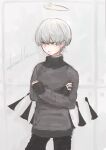  1boy absurdres arene_(arknights) arknights black_pants closed_mouth green_eyes grey_background grey_hair grey_sweater hair_between_eyes halo highres kaprice long_sleeves looking_at_viewer looking_to_the_side male_focus pants sketch sleeves_past_wrists solo sweater turtleneck turtleneck_sweater twitter_username 