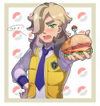  1boy ;o arven_(pokemon) blush brown_hair cheese english_text food green_eyes hair_over_one_eye hand_on_own_hip highres long_hair long_sleeves male_focus miti_demon multicolored_hair necktie one_eye_closed open_clothes open_vest poke_ball_symbol pokemon pokemon_(game) pokemon_sv sandwich school_uniform shirt sliced_cheese solo thick_eyebrows tomato tomato_slice two-tone_hair vest white_shirt yellow_vest 