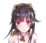  1girl black_hair blush earrings for-miku gold_earrings hair_ornament highres jewelry long_hair looking_at_viewer lucia:_plume_(eventide_glow)_(punishing:_gray_raven) lucia_(punishing:_gray_raven) necklace open_mouth punishing:_gray_raven red_eyes white_background 