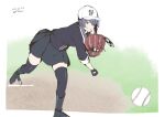  1girl ball baseball baseball_cap baseball_mitt black_gloves black_skirt black_sweater black_thighhighs boots commentary_request eyepatch full_body gloves grin hat kantai_collection pitching pleated_skirt purple_hair short_hair skirt smile solo sweater taira_yuuki tenryuu_(kancolle) thigh-highs throwing yellow_eyes 