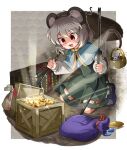  1girl animal_ears bag basket black_footwear blush cheese commentary_request crystal dowsing_rod dress flat_chest food full_body glint glowing gold grey_dress grey_hair highres jewelry kneeling long_sleeves magatama momomomo_(user_ueus7454) mouse mouse_ears mouse_girl mouse_tail nazrin open_mouth pendant red_eyes shaded_face shirt shoes short_hair smile socks solo tail touhou treasure_chest white_shirt white_socks wooden_box 