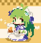 beer_mug blue_dress blue_ribbon blush_stickers commentary cup dress food frog_hair_ornament green_eyes green_hair hair_ornament hat hat_ribbon holding holding_cup holding_food kochiya_sanae ling_os87 long_hair maid maid_headdress mug official_alternate_costume pixel_art plate ribbon sitting steam touhou touhou_cannonball wariza yellow_background