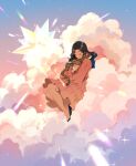  1girl animal artist_name bare_legs black_hair blush cat closed_eyes closed_mouth clouds cloudy_sky commission dress eyelashes frilled_dress frilled_sleeves frills highres holding holding_animal hug jauni_(tofublock) long_hair long_sleeves on_cloud original pink_dress puffy_sleeves sky smile sparkle star_(sky) starry_sky twitter_username 