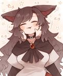  1girl animal_ear_fluff animal_ears blush brooch brown_hair closed_eyes collarbone dress highres imaizumi_kagerou jewelry kaginoni long_hair long_sleeves motion_lines open_mouth red_dress solo touhou upper_body white_dress wolf_ears 