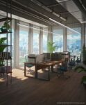  3d artist_name bookshelf ceiling ceiling_light chair city cityscape day highres indoors interior keyboard_(computer) monitor no_humans office office_chair plant potted_plant printer scanner scenery shelf surafin swivel_chair table 