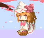  basket blue_eyes blue_sky blush_stickers bow bowtie capelet cherry_blossoms dress falling_petals flying hat hat_bow holding holding_basket lily_white ling_os87 long_hair looking_at_viewer orange_hair petals pixel_art red_bow red_bowtie sky sunrise touhou white_capelet white_dress white_headwear 
