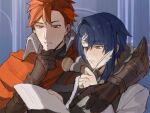  2boys alcryst_(fire_emblem) armor black_gloves blue_hair brothers cape closed_mouth diamant_(fire_emblem) fire_emblem fire_emblem_engage gloves hair_ornament hairclip high_collar highres holding long_sleeves male_focus multiple_boys paper quill red_eyes redhead shirt short_hair siblings white_shirt wogesb 