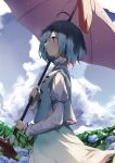  1girl ahoge aqua_shirt aqua_skirt blue_flower blue_hair flower from_side hair_between_eyes highres karakasa_obake long_sleeves outdoors pocche-ex profile red_eyes shirt short_hair skirt sleeve_garter solo tatara_kogasa touhou umbrella upper_body white_shirt 