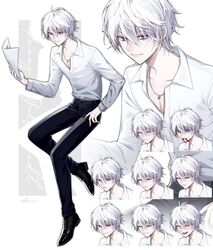  1boy black_footwear black_pants boots closed_eyes closed_mouth collared_shirt expressions full_body highres holding holding_paper ikurikaito jewelry long_sleeves male_focus necklace original pants paper shirt short_hair solo violet_eyes white_hair white_shirt 