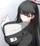  1girl black_hair blue_archive blunt_bangs blush breasts fed_(giba) hair_ornament hairclip halo highres jacket large_breasts long_hair long_sleeves looking_at_viewer pleated_skirt red_eyes rio_(blue_archive) skirt solo sweater turtleneck turtleneck_sweater very_long_hair 