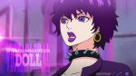 1girl artist_name character_name collar doll_(one_piece) earrings english_text highres jewelry lipstick makeup martinpunk one_piece open_mouth purple_lips short_hair solo spiked_collar spikes 